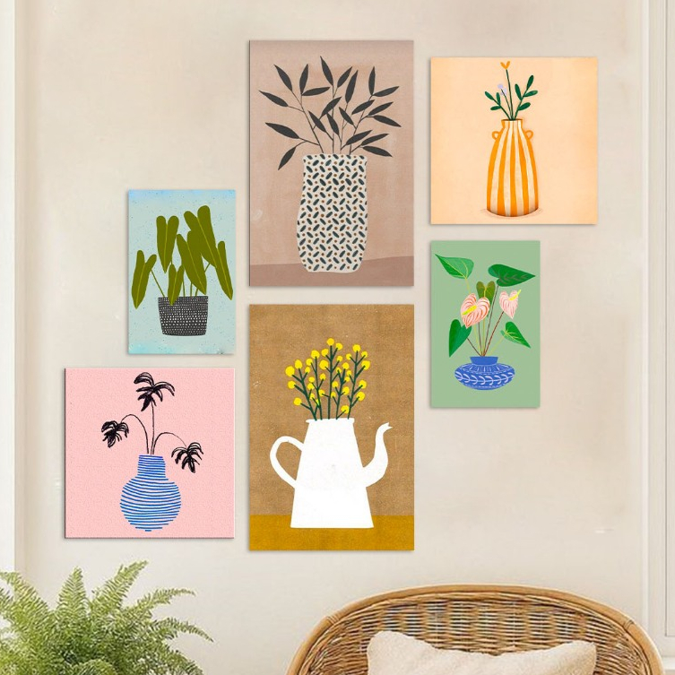 quadros decoração fazenda area lazer sala sitio - quadros vasos de flores folhas tons marrom - kit 6 placas MDF