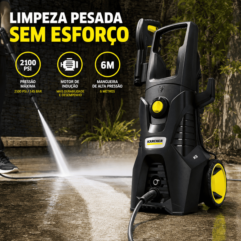 Lavadora de Alta Pressão Kärcher K5 Power 2100 PSI Motor Indução Mangueira 6m Limpeza Pesada 1900W