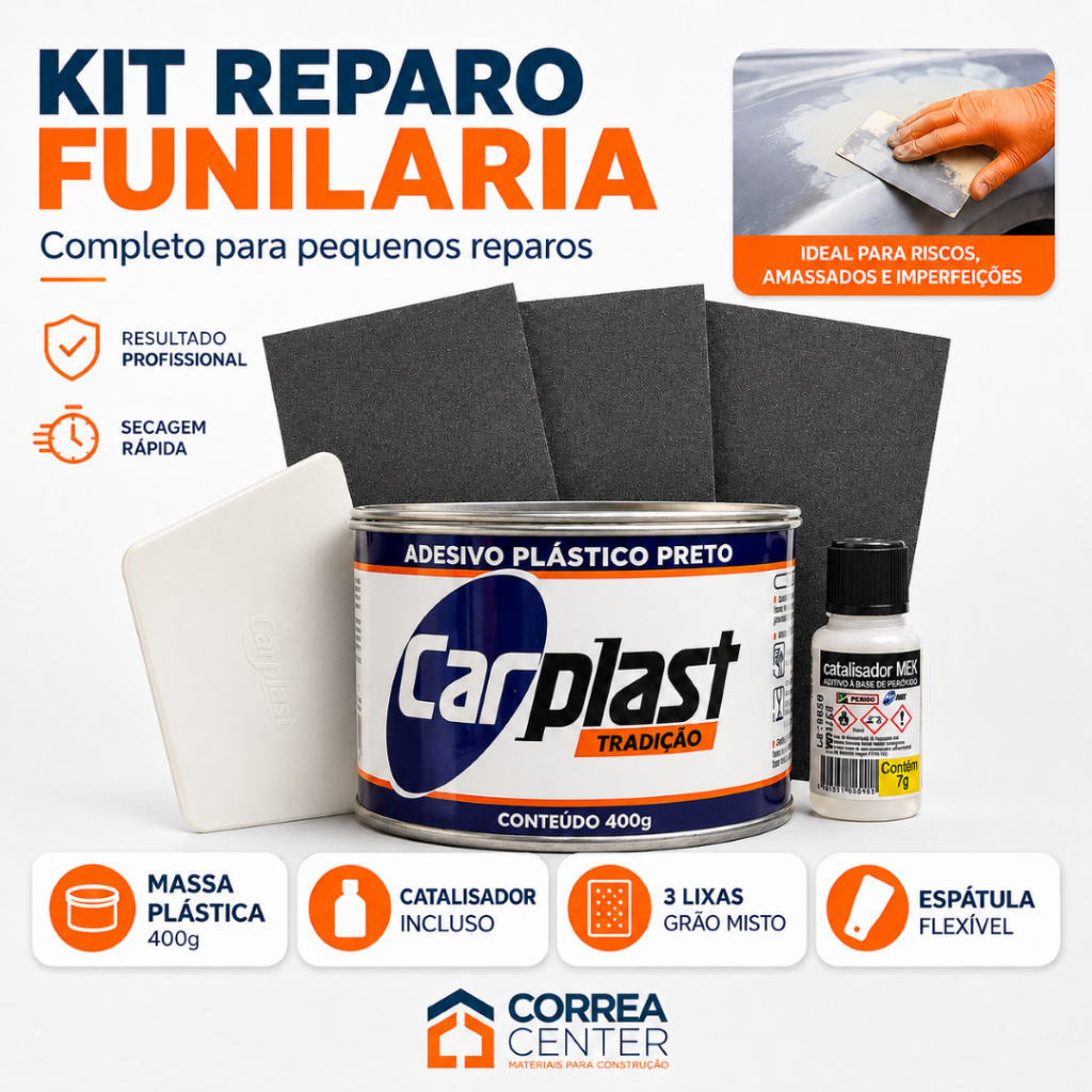 Kit Massa Plastica 400g Reparo Automotivo Funilaria Completo Espatula Lixas Ferro Lata Amassado Furo