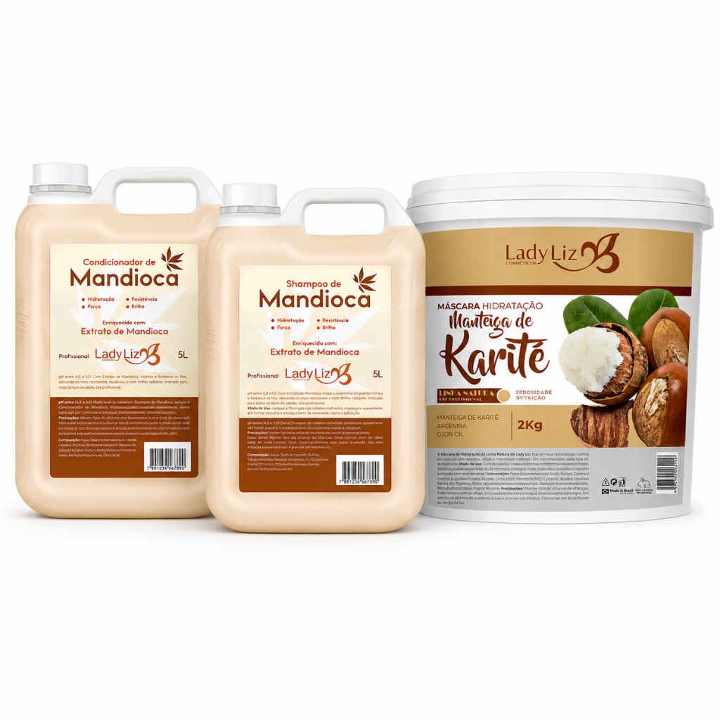 Kit Shampoo e Condicionador 5L Mandioca + Máscara Karité 2 Kg Linha Lavatório Profissional