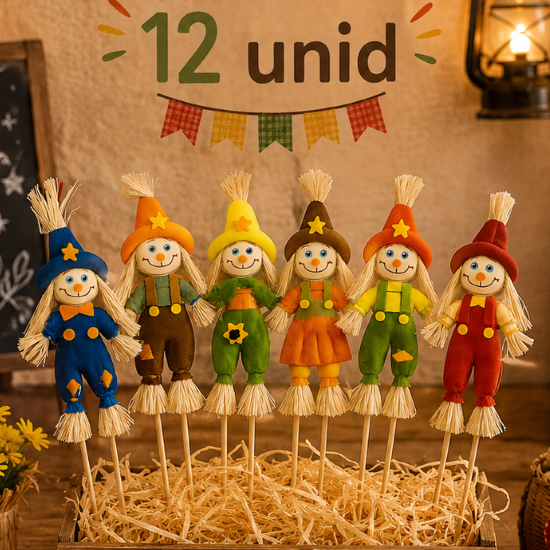 Kit Até 12 Espantalhos Festa Junina Enfeite Decorativo Descoração Pano e Palha Palito 45cm Grande