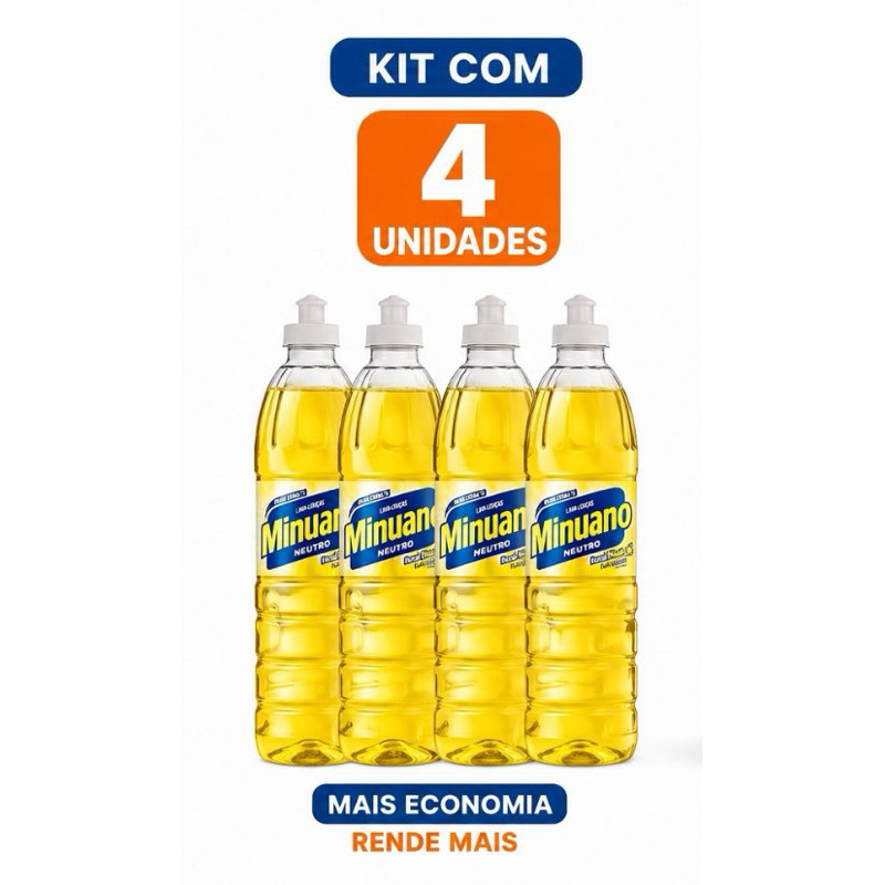 4 unidade de Detergente Líquido Lava-Louças Ypê Neutro 500ml - Limpeza Eficaz e Fragrância Suave