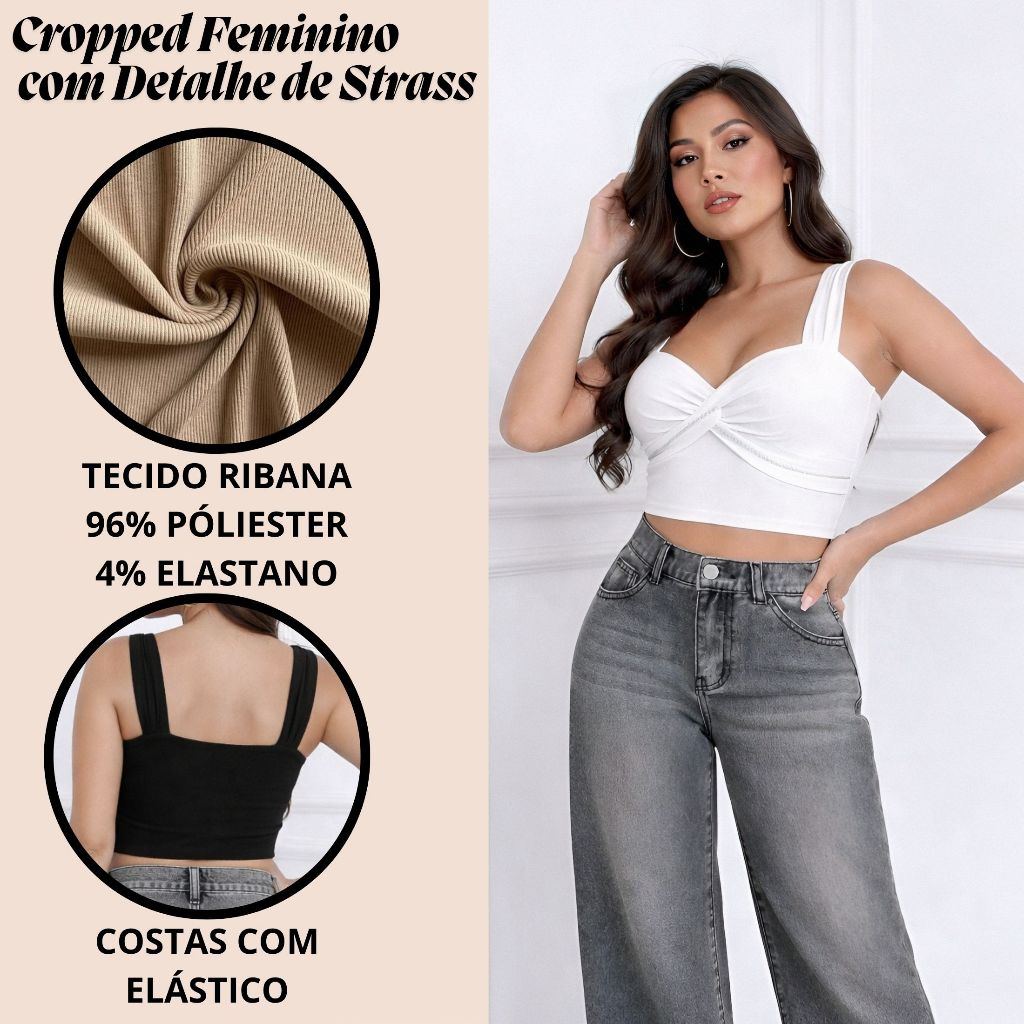 Cropped Feminino com Strass e Bojo Tecido Ribana Premium para Verão Moda 2026