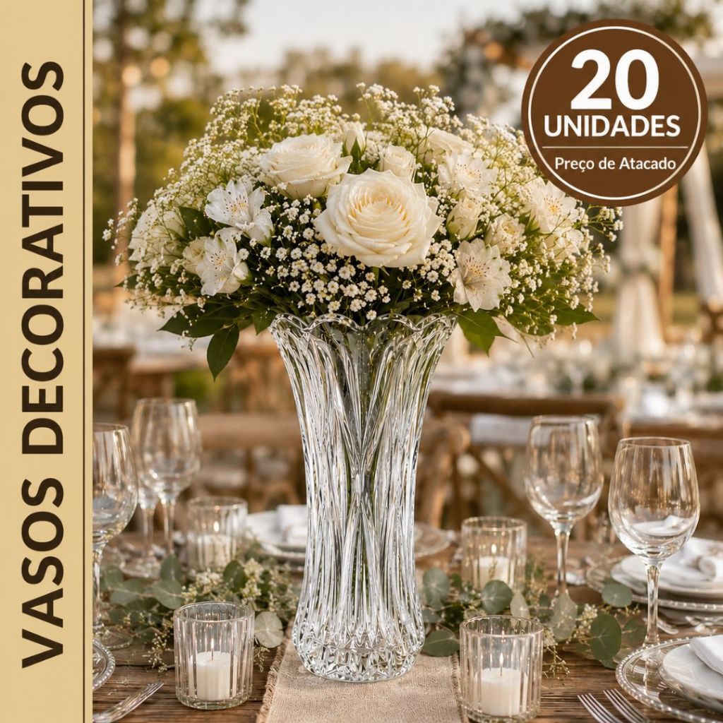 Kit 20 Vaso De Vidro Cristal 23cm Acervo De Festa Centro De Mesa Casamento 15 Anos Chá De Bebê Arranjo Decorativo Grande