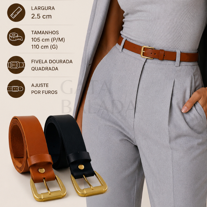Cinto Feminino Couro Sintético kit 2 peças Fivela Dourada Quadrada Elegante casual largura 2.5 ajustável moda versátil