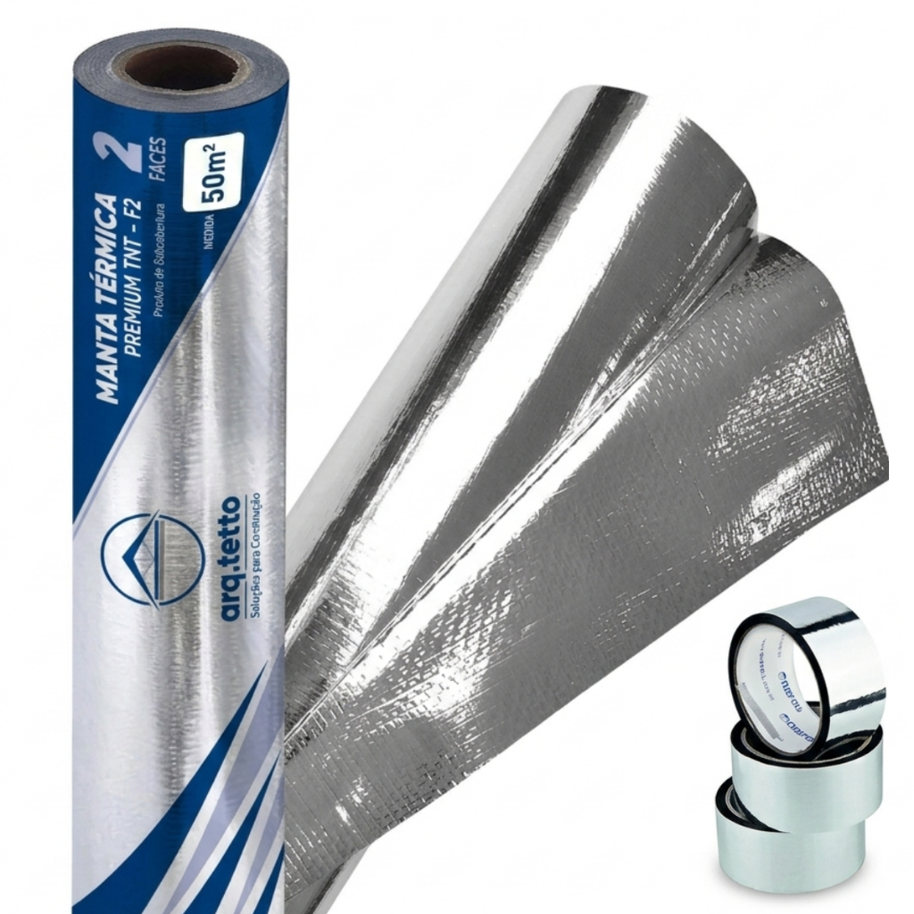 Manta Térmica Profissional P/ Telhado Duas Faces 50m2 + Fita P/ Emenda Aluminizada Arq. Tetto
