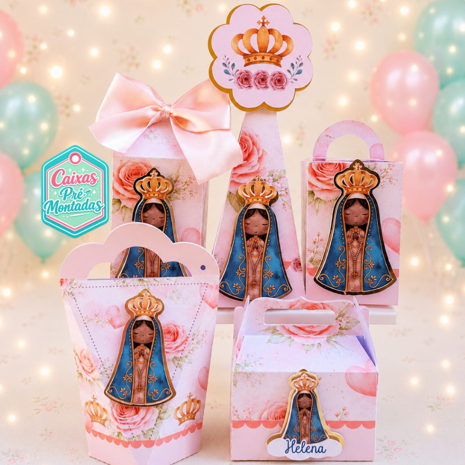 Kit Caixinhas Personalizadas Nossa Senhora da Aparecida Apliques 3D Lembrancinha Festa Infantil Aniversário