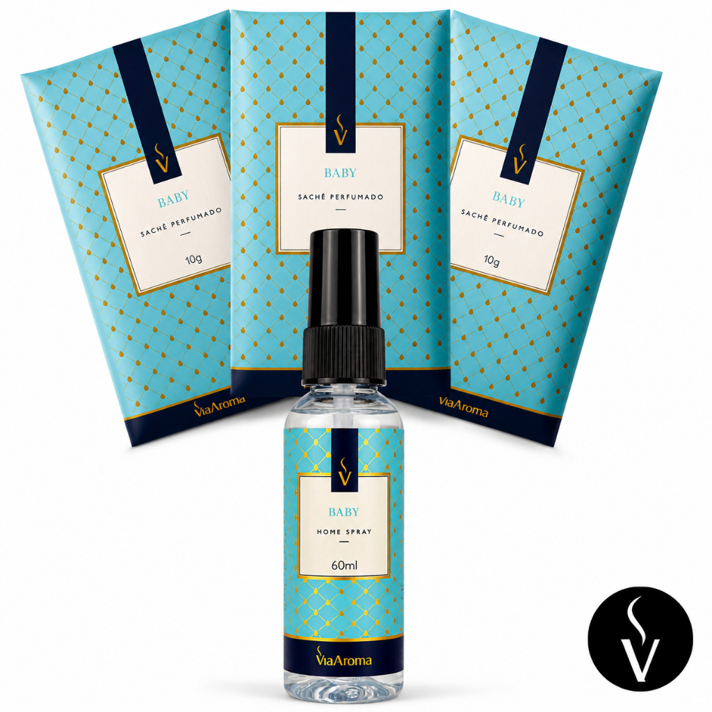 Kit Aromatizador Via Aroma Baby Home Spray + Sachê Perfumado Cheirinho de Bebê Guarda Roupa