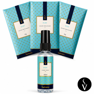 Kit Aromatizador Via Aroma Baby Home Spray + Sachê Perfumado Cheirinho de Bebê Guarda Roupa