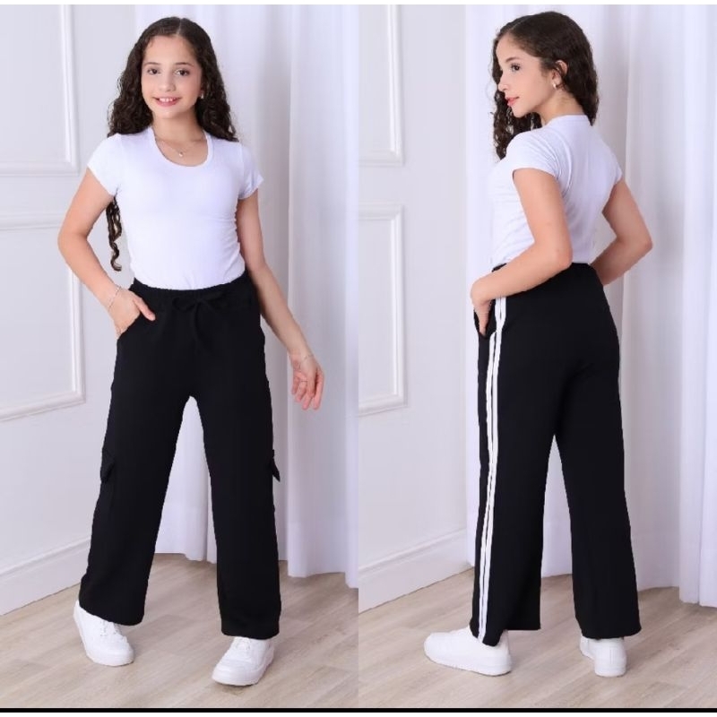 Calça Pantalona Listra infantil e Juvenil Tecido Malha Crepe  calça wide leg infantil menina  calça flare menina infanti