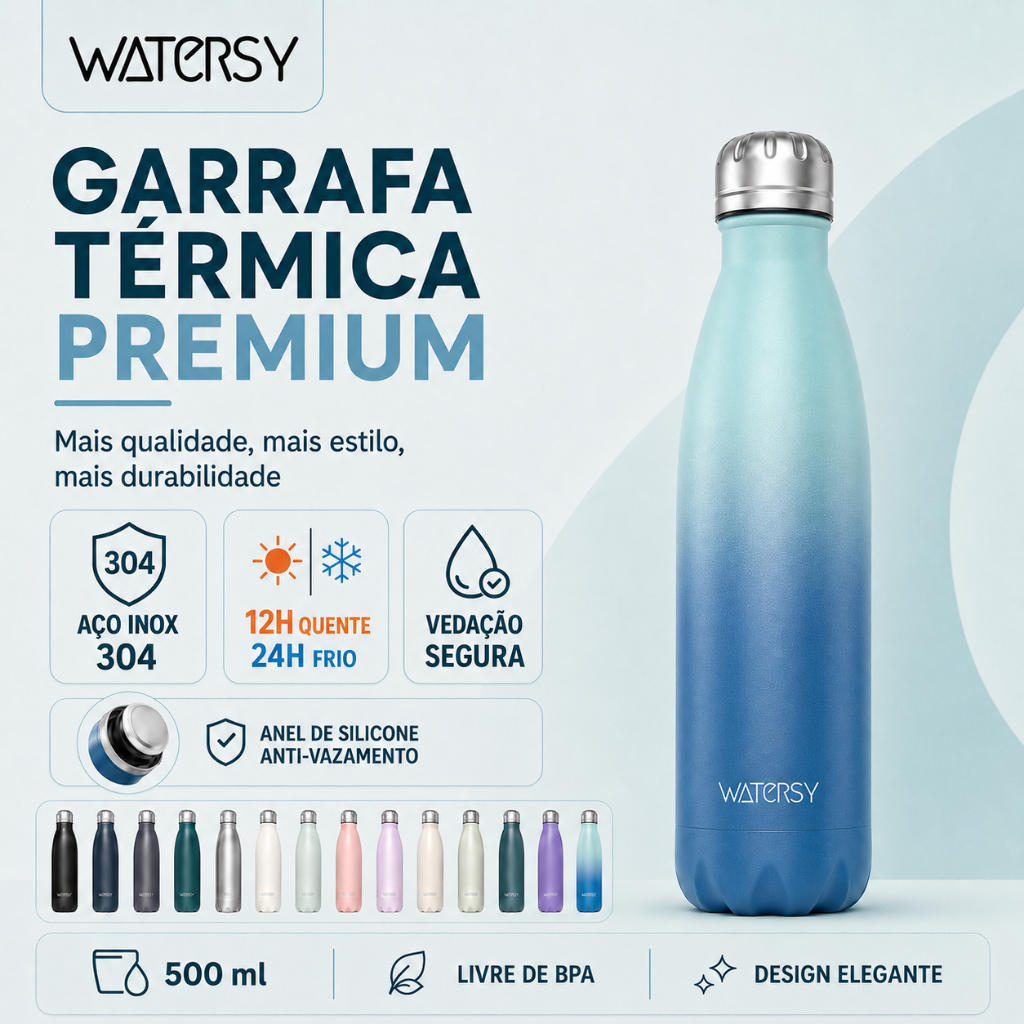 Watersy Garrafa térmica 500ml Frio 24Horas Garrafa de água inox 304 Com Tampa Copo Térmico Portátil