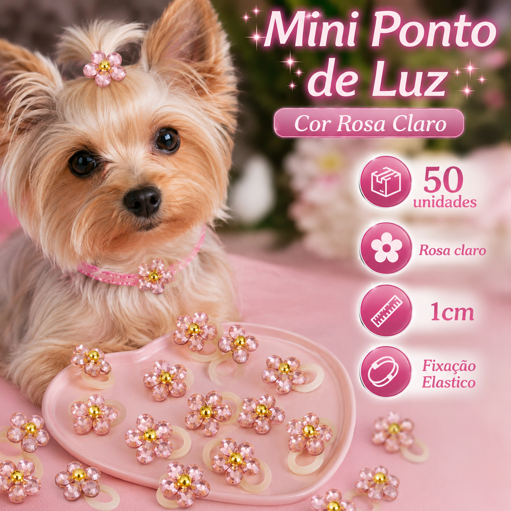 Ponto de Luz Penteado Pet Flor Chaton Rosa Claro 50 Und Laços Pet Para Penteado Mini Ponto de Luz Pet Joia Pet Femea