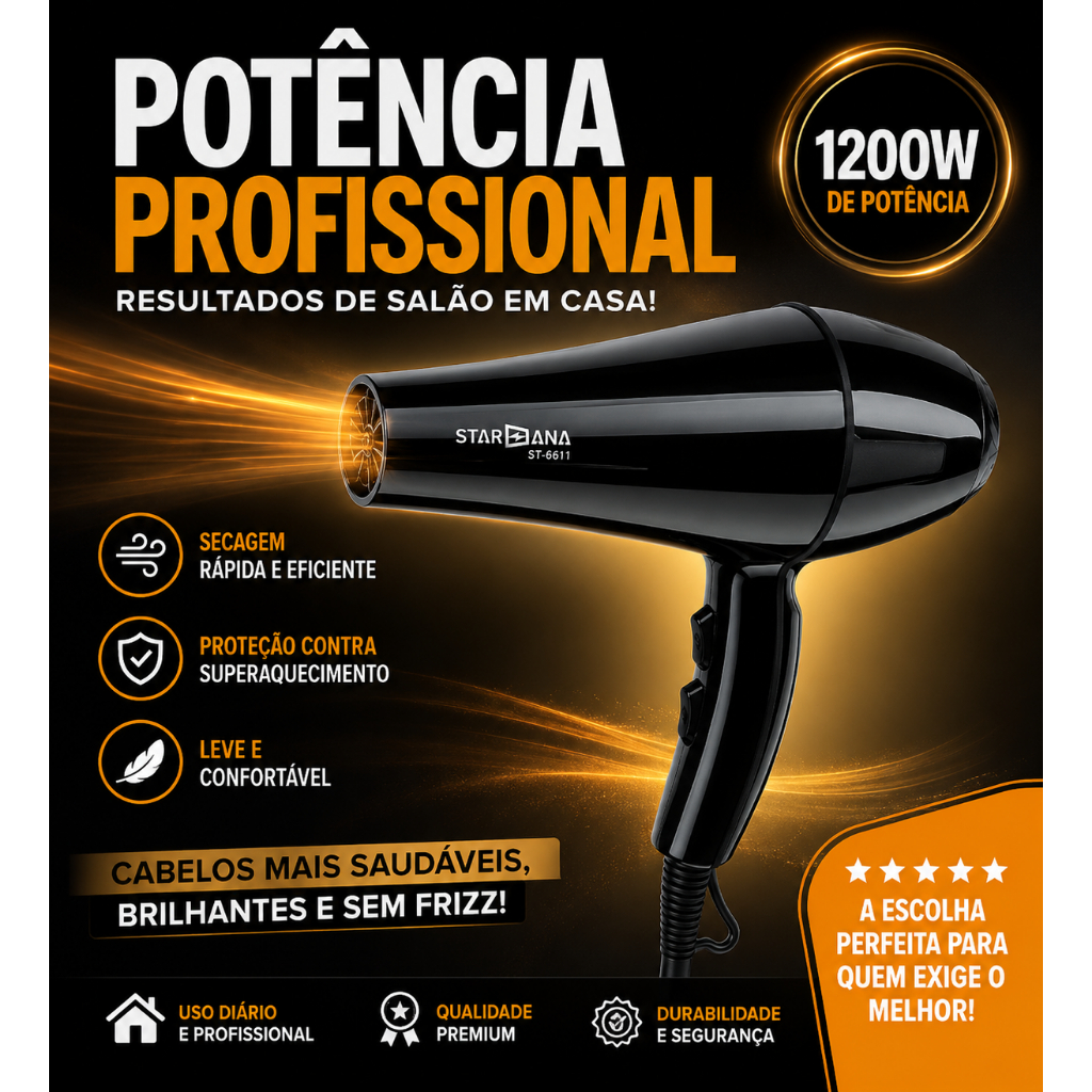 Secador De Cabelo Profissional 1200W 110/220V Turbo 2 Velocidades