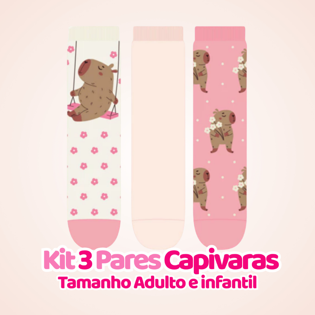Kit 3 Pares de Meia Soquete Capivara Infantil e Adulto Feminina Algodão Tamanho 23 ao 34