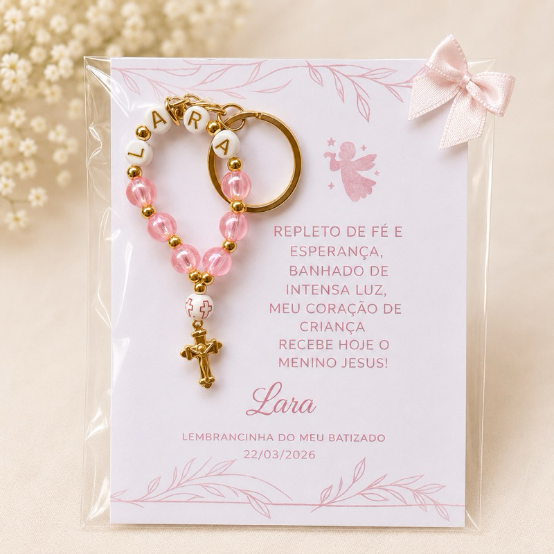 Mini Terço Personalizado com Nome Batizado Lembrancinha com Cartão e Chaveiro