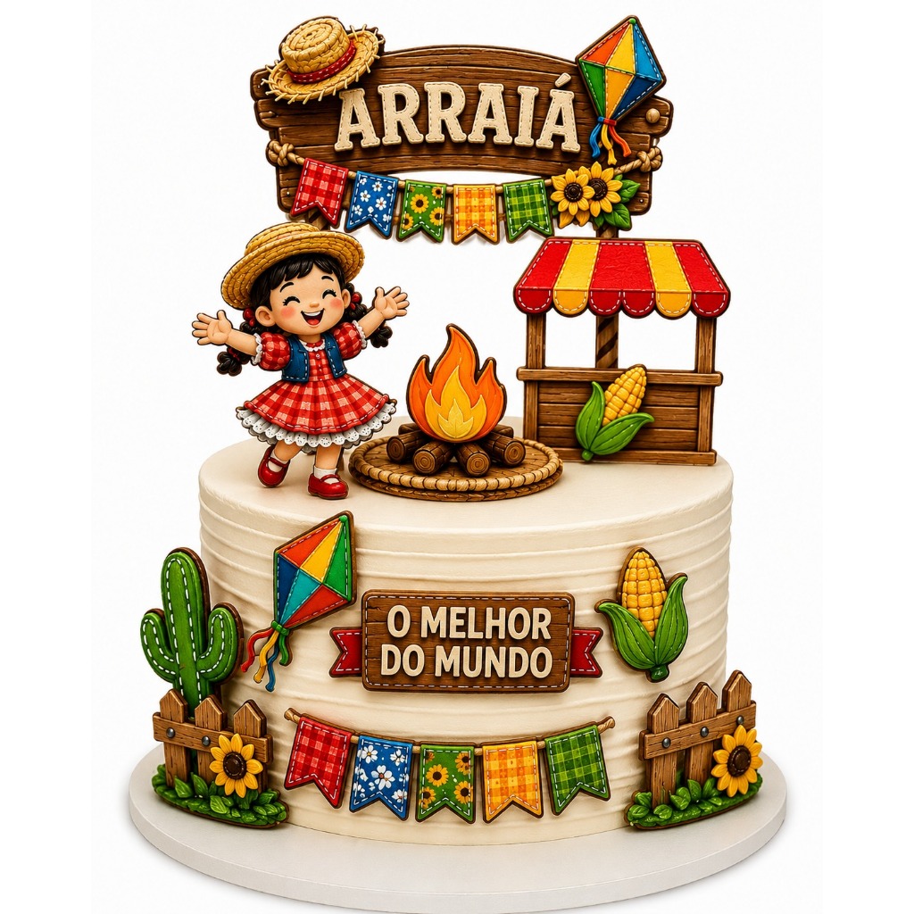 Topo de bolo Arraiá Personalizado para Festa Junina - Topper Junino - Decoração de Bolo Junino - Comemoração em Família