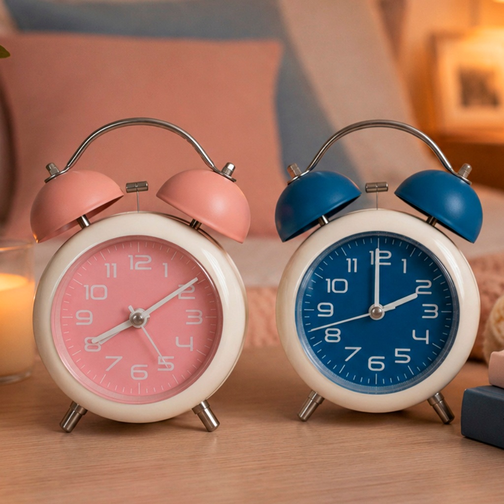 Relógio Despertador Sino Martelinho Estilo Retrô Antigo Decora Ambiente 16cm Sino Azul e Rosa