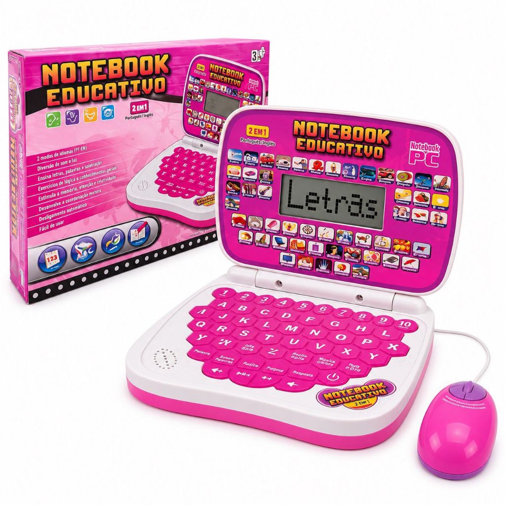 Notebook Laptop Infantil Bilíngue Educativo Com Mouse Aprende Inglês