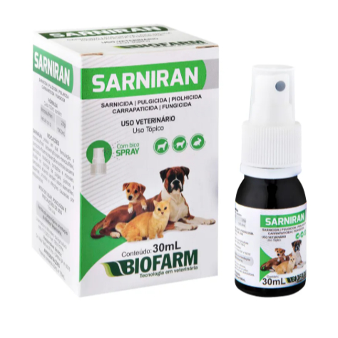 Sarniran Spray Cães e Gatos Sarna, Pulga, Piolhos, Carrapatos e Fungicida 30 ml
