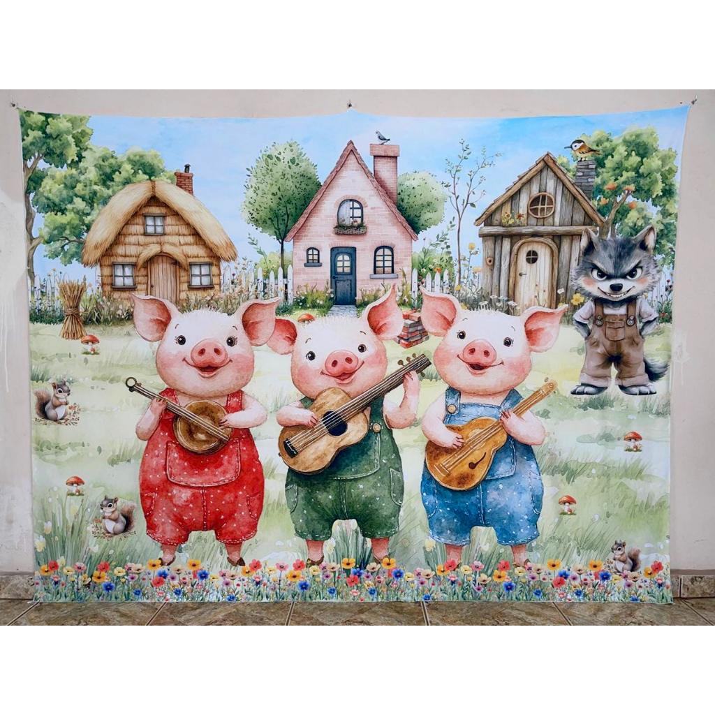 Fundo Fotográfico 2x1,60mts LxA em malha Sublimada história 3 porquinhos lobo mau aquarelado cute