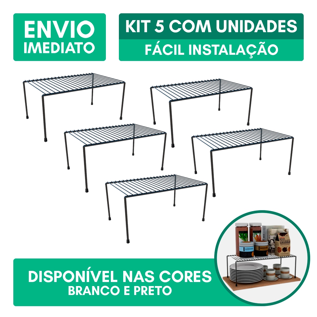 Kit 5 Organizador de Cozinha Rack Prateleira Suspensa Suporte Armário Multiuso 32cm Elegante Preto