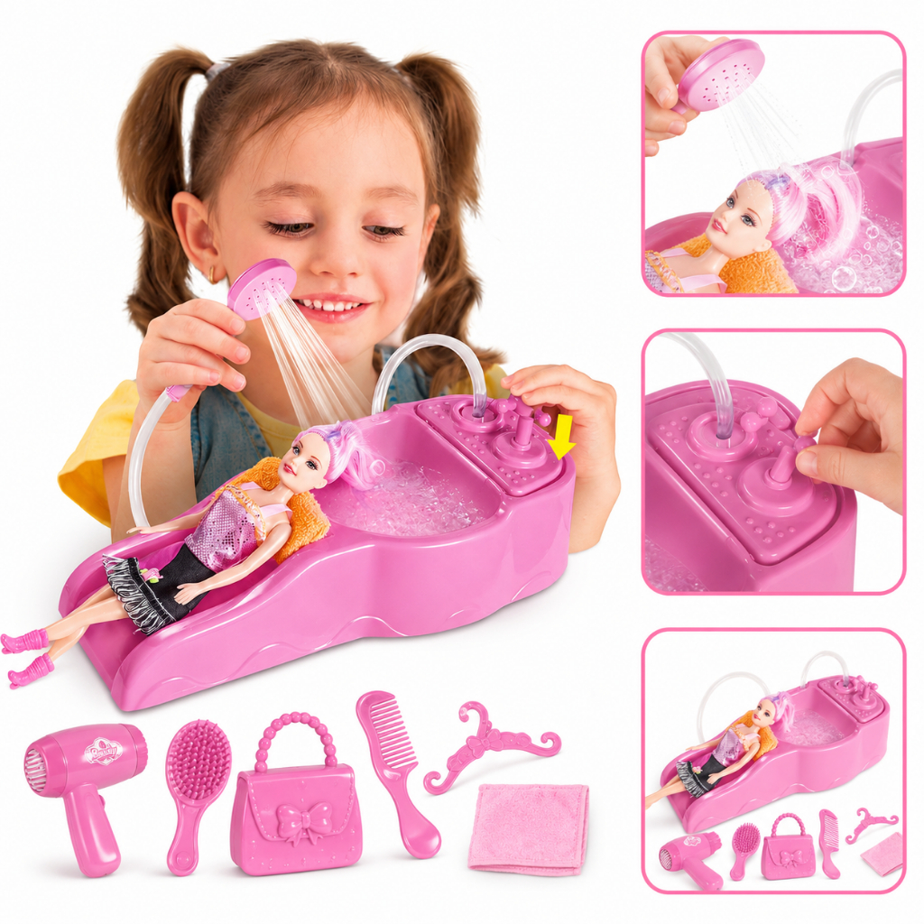 Kit Salão de Beleza Infantil com Boneca Lavatório Água de Verdade Rosa