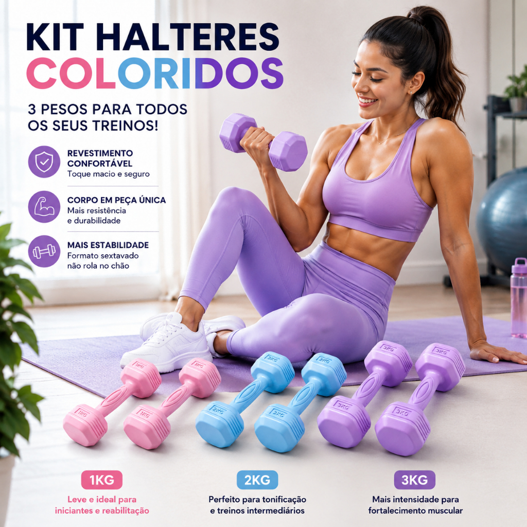 Par de Halteres Sextavados Emborrachados Antiderrapante 1 kg 2 kg 3 kg - Peso de Mão para Musculação e Treino em Casa