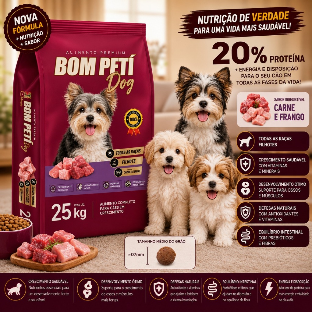 Ração Cachorro Filhote 25kg Bom Petí Dog Premium Sabor Carne Frango 20% Proteína