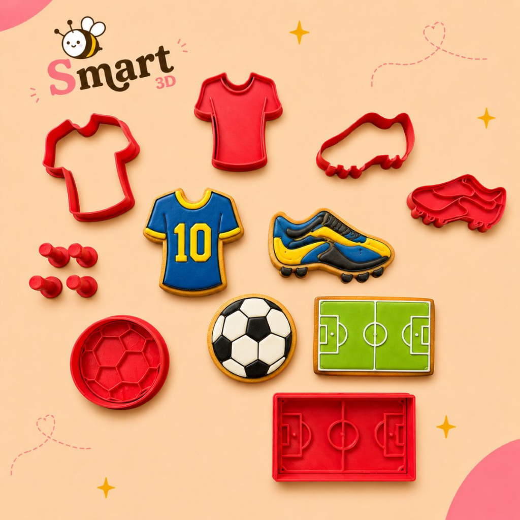 Kit 4 de cortador de biscoito  Futebol - campo de futebol, bola, chuteira e camisa 6,5cm