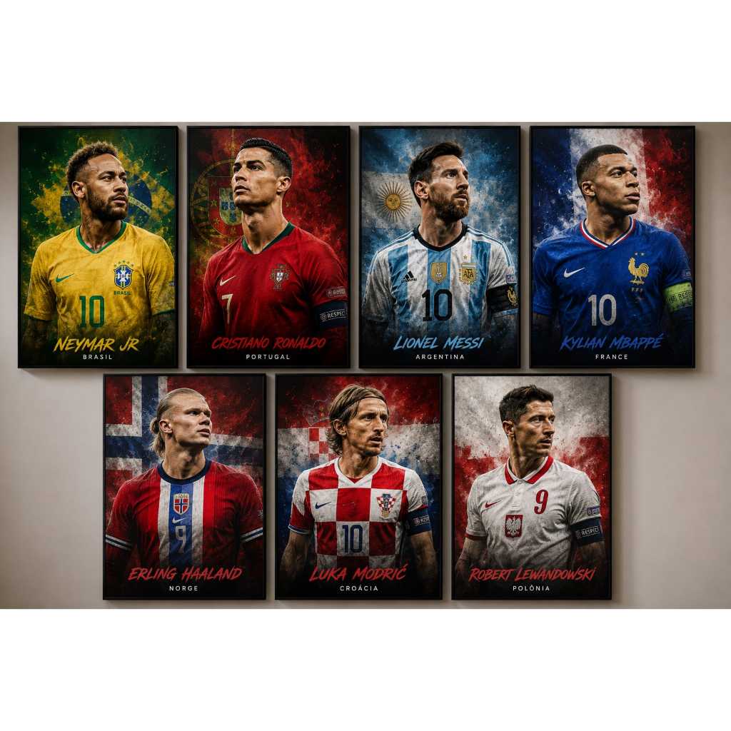 Quadros Decorativos Craques da Copa do Mundo 2026 CR7 Neymar Messi Mbappe Haaland Modric Lewandowski