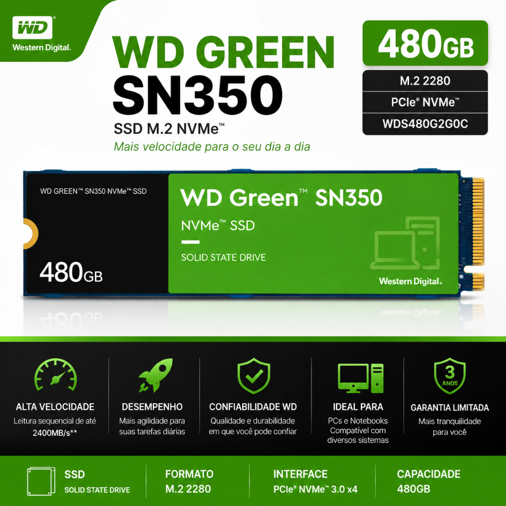 SSD NVME WD Green M.2 2280 Sn350 480gb Pcie Nvme Wds480g2g0c