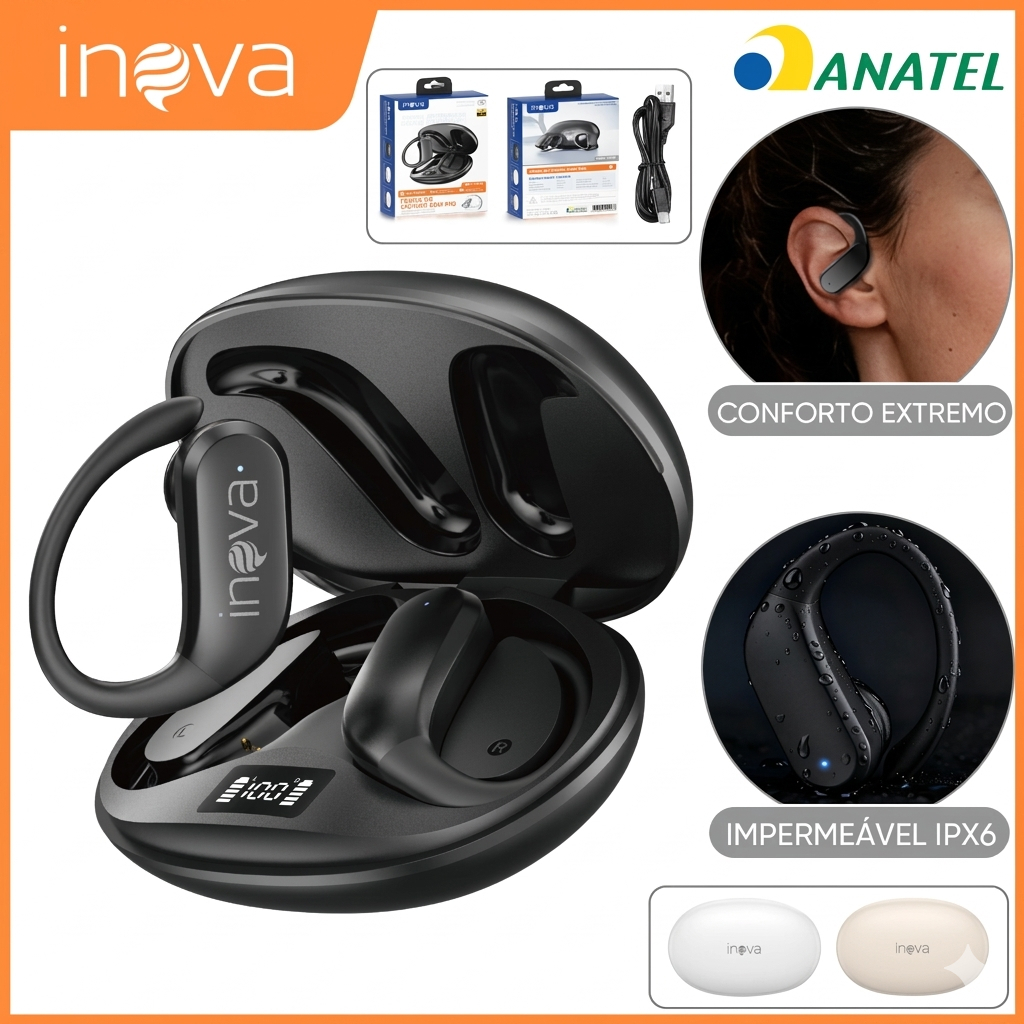 INOVA Fone de Ouvido Aberto com Display 36H Bateria IPX5 Bluetooth 5.4 Compatível Android e iPhone Samsung