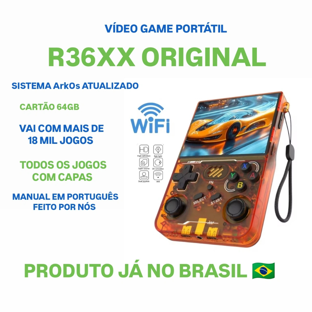 Videogame Portátil Retro R36XX ORIGINAL Tela Ultra IPS Cartão 64Gb com ArKos 2.0 18 Mil Jogos