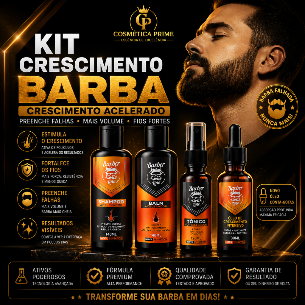 Kit Barba Masculino Crescimento Shampoo Balm Tônico Óleo | Performance | Cosmética Prime