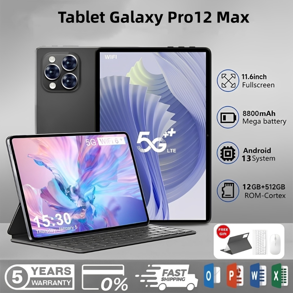 【Teclado e mouse gratuitos】Tablet Pro12 Max de 11,6 polegadas, 12 GB + 512 GB, 8800 mAh, Android 5G, com wifi