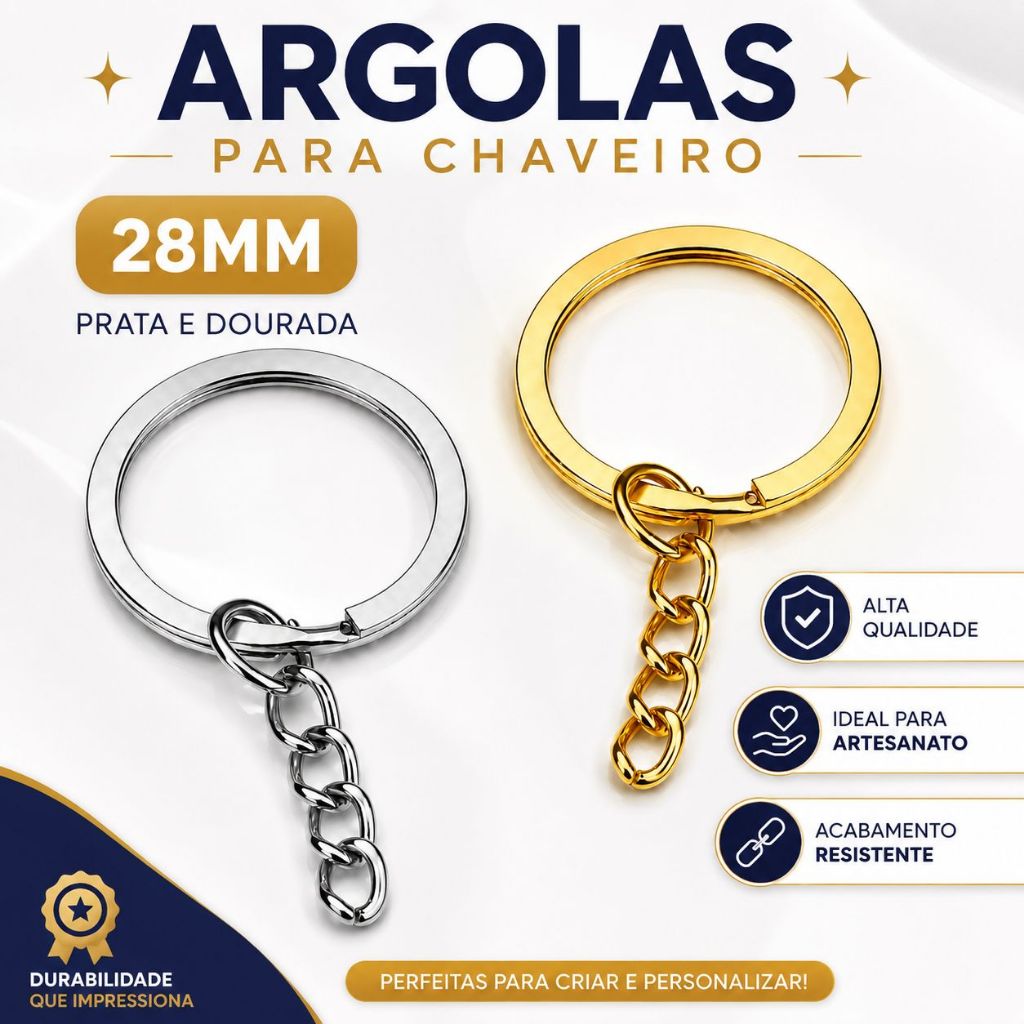 Argolas Para Chaveiro C/ Corrente -28mm Prata/dourado 50/100/150Pçs