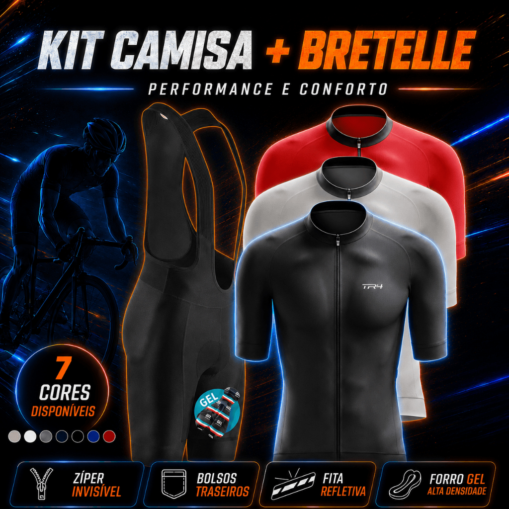 Conjunto Masculino Ciclismo Camiseta Premium Zíper Total Bretelle Forro Gel Bike Pedalar