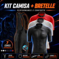 Conjunto Masculino Ciclismo Camiseta Premium Zíper Total Bretelle Forro Gel Bike Pedalar