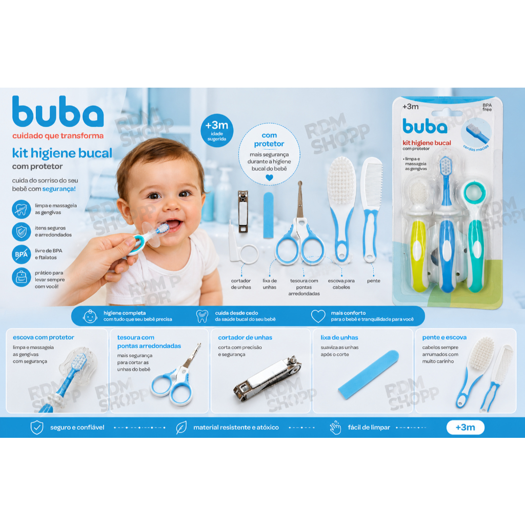 Kit Higiene Oral Bebê Com Escovinhas Infantil + Kit Cuidados Completo Buba AZUL