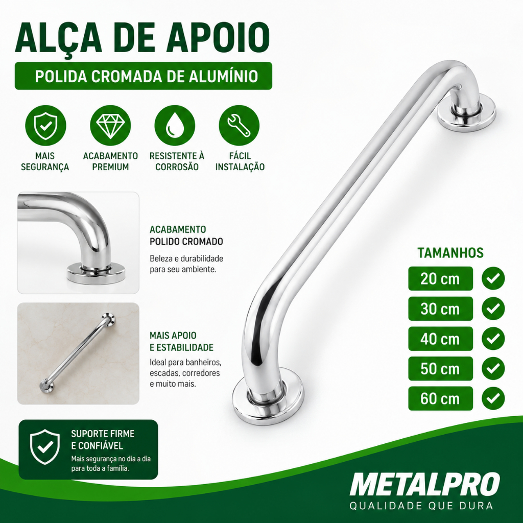 Alça de Apoio em Alumínio 20cm a 60cm para Banheiro Corredor e Piscina Para Idosos e Pcd Corrimão
