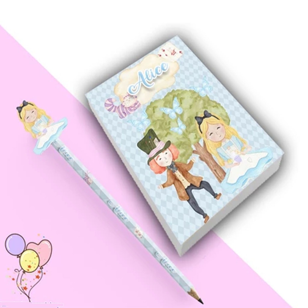 Kit Lembrancinha Para Festa: 10 lápis + 10 Bloquinhos Personalizados Alice No País das Maravilhas