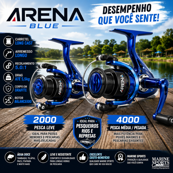Molinete Carretilha Arena Blue FD 4000 2000 Marine Sports Pesqueiro Arremesso Longo