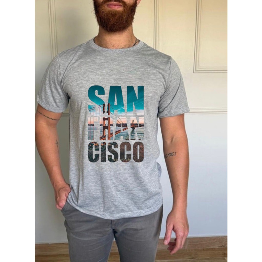 Camiseta Masculina Algodão Premium Básica San Francisco Países Confortável Preto Branca Marrom Moda Masculina Streetwear