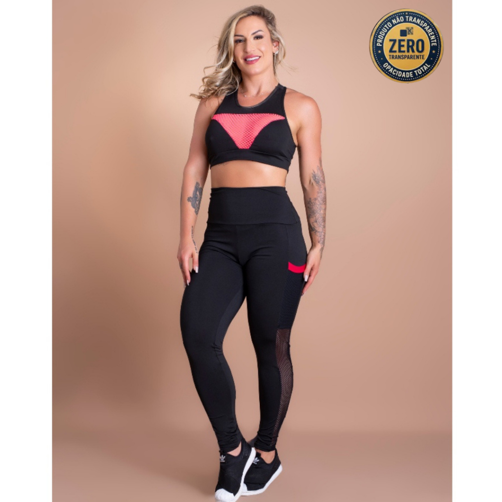 Conjunto Fitness Feminino Calça Legging Cintura Alta Bolso Tela E Top Sustentação Treino Academia ZERO TRANSPARÊNCIA