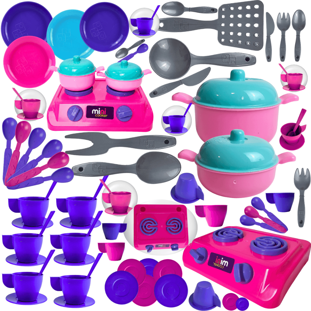 Kit Cozinha Infantil Brinquedo 32pçs Faz de Conta Fogão Panelinhas Xícaras Acessórios
