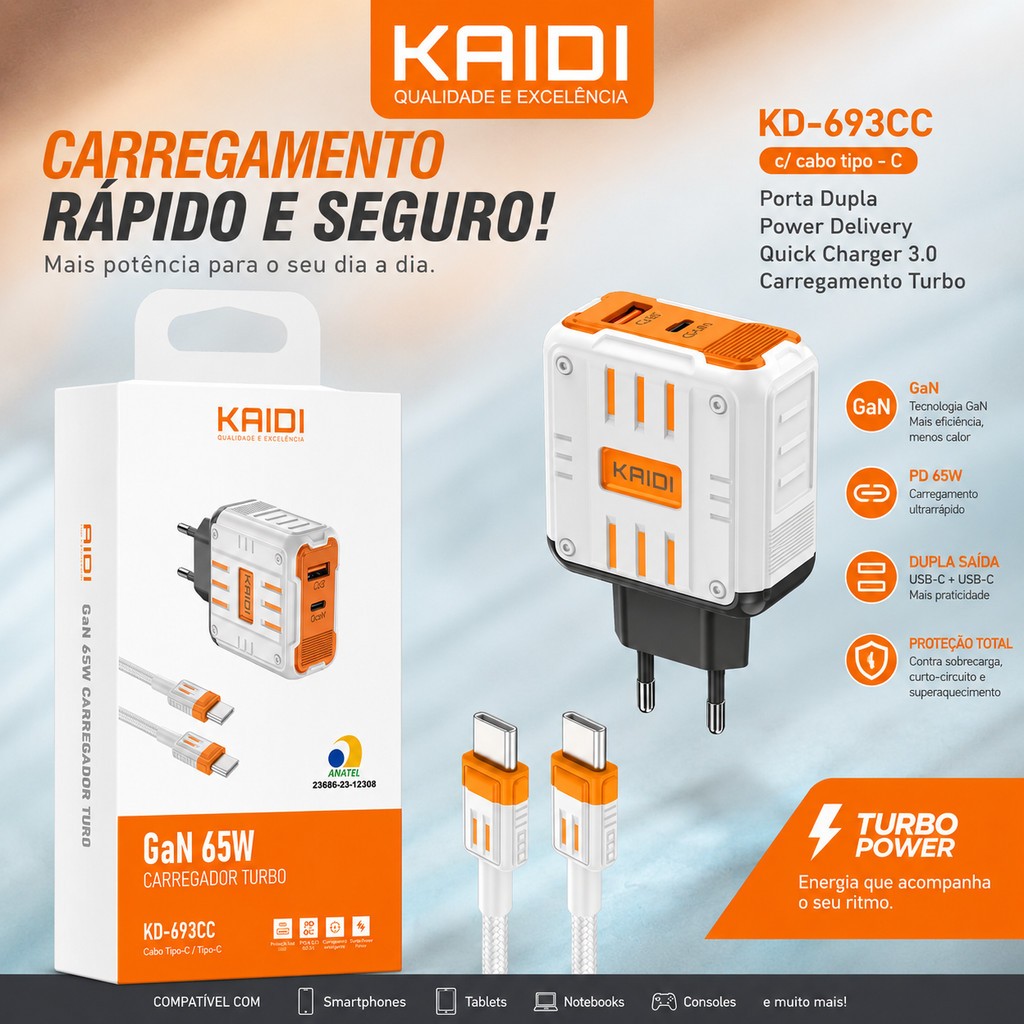 Turbo 65W com Entradas USB e Tipo-C - KD-693 - KAIDI Carregador de Tomada