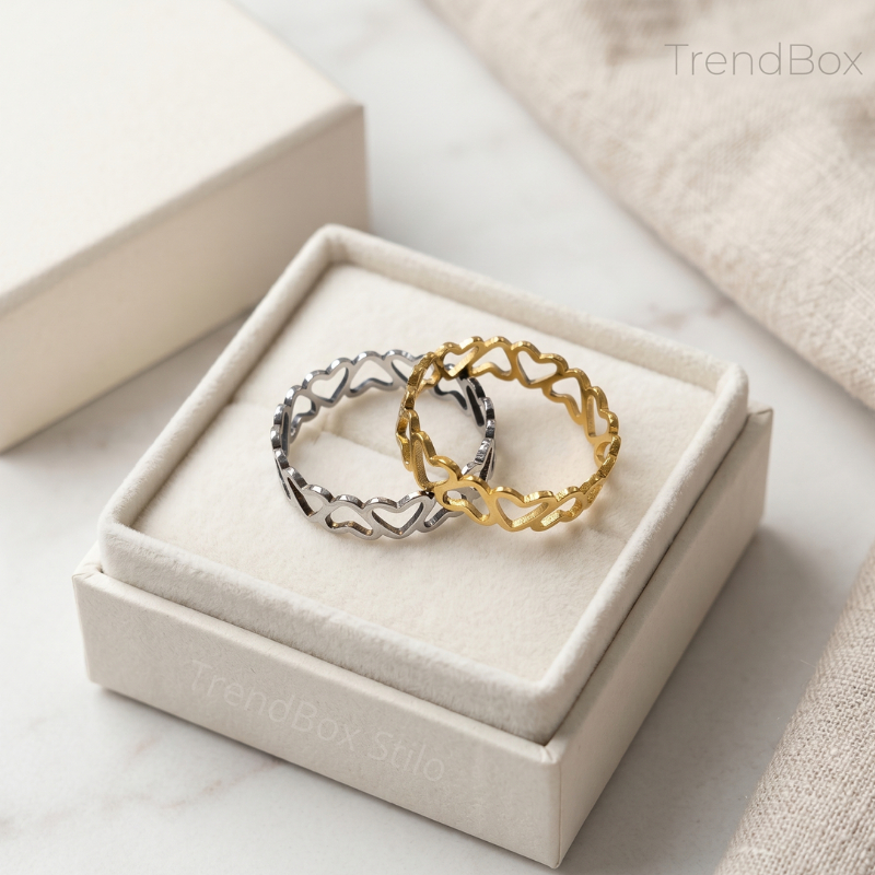 Anel Feminino Elo Corações Aço Inox 316L Antialérgico Prata e Dourado