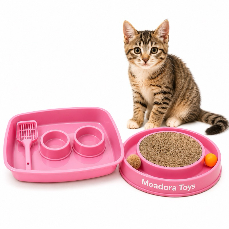 BrinqueArranhador para gato com bolinha + Caixa de Areia para Gatos com Bebedouro Comedouro pazinha higiênica interativo