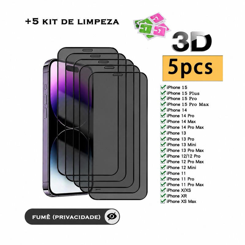 Kit 5 Películas Privativas 3D Antiespião para iPhone Todos os Modelos com Kit Limpeza