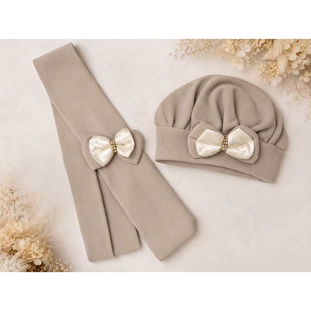 kit boina + cachecol de plush com laço e strass